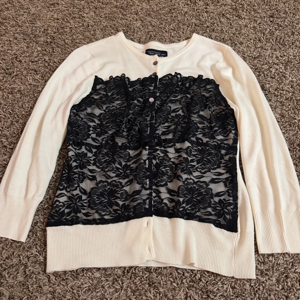 White Cardigan Sweater with Black Lace Front